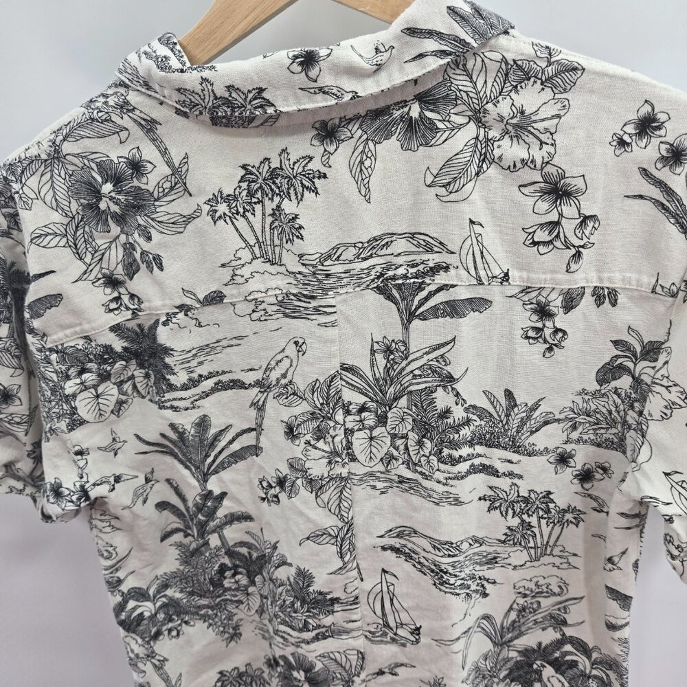 Tahari Cream Black Tropical Print Linen Blend Mini Shirt Dress Size Small - Picture 8 of 10